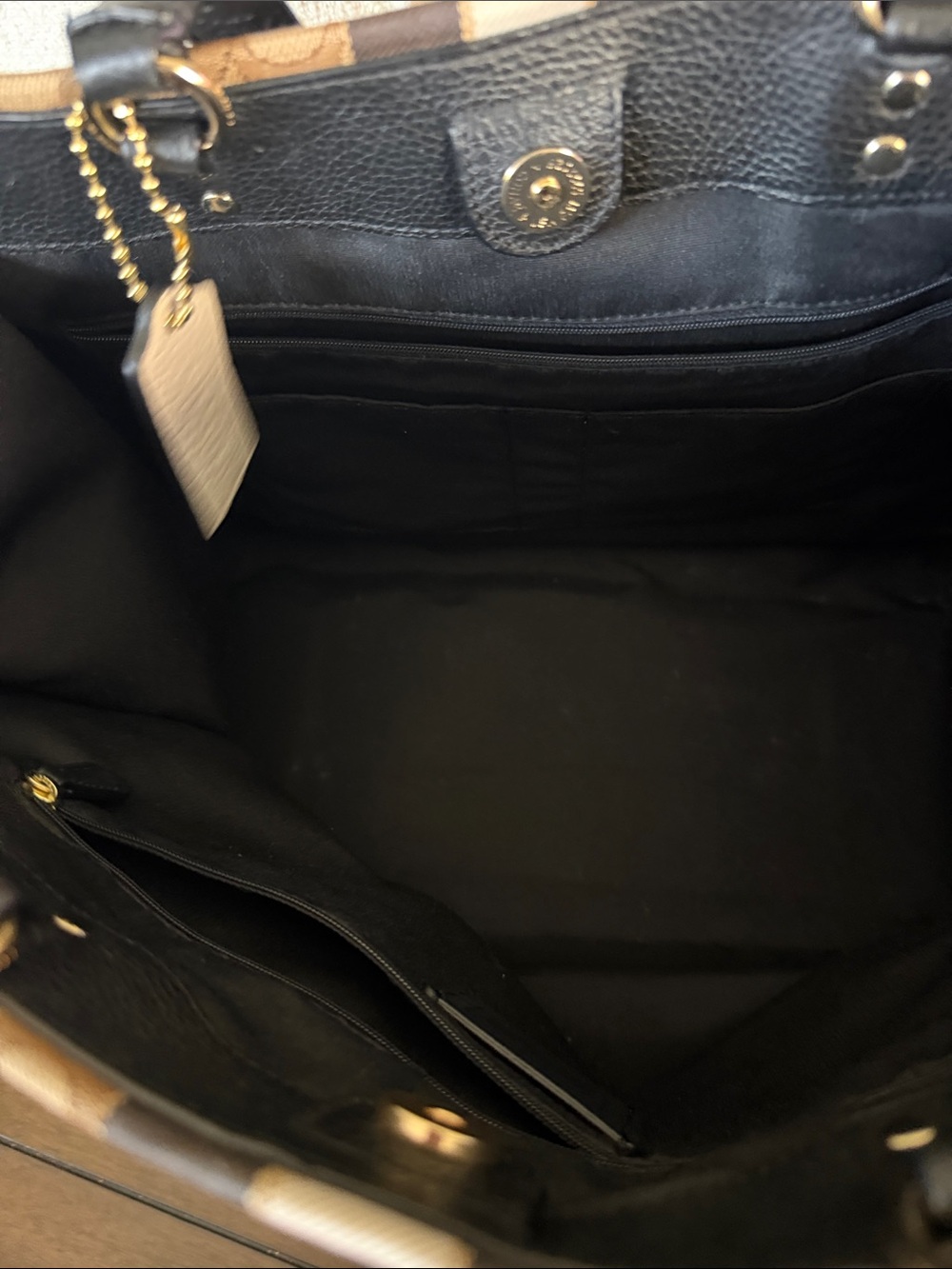 Coach Brown Signature Canvas Tote with Black Trim and Stripe - Picture 6 of 7